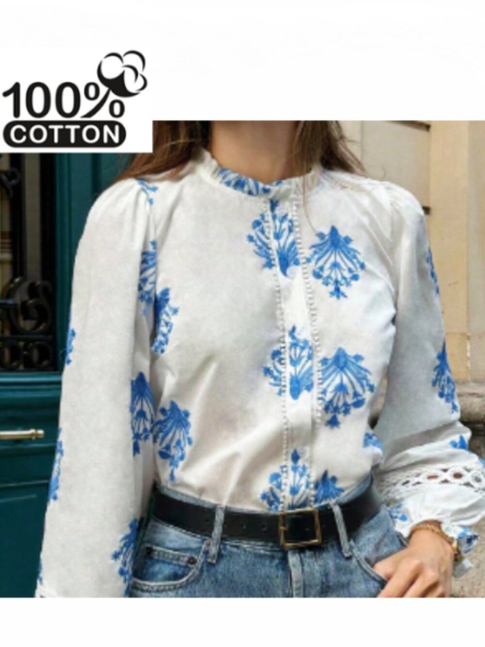 NWOT NEW 2026 Sezane Style White Cotton Shirt blue embroidery XL 12